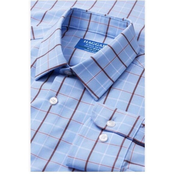 Haggar Mens Size 15-15 1/2 34/35 Blue Plaid Slim Fit LS Button Up Shirt NWT - Picture 2 of 5